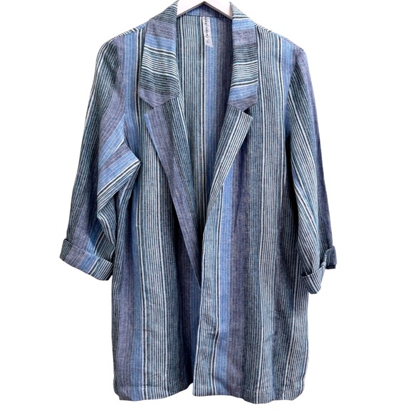Banjara Jackets & Blazers - Banjara Womens Blue Striped Linen Rayon Open Front Blazer Cardigan Size Large